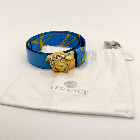 Versace Gold Hardware Medusa Head Chain Reversible Belt 'Blue' | 100/40