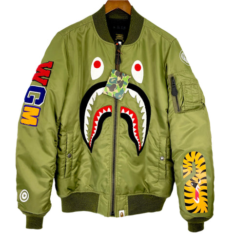 A Bathing Ape Front Facing Shark MA1 Bape Bomber Flight Jacket 'Green' | SM