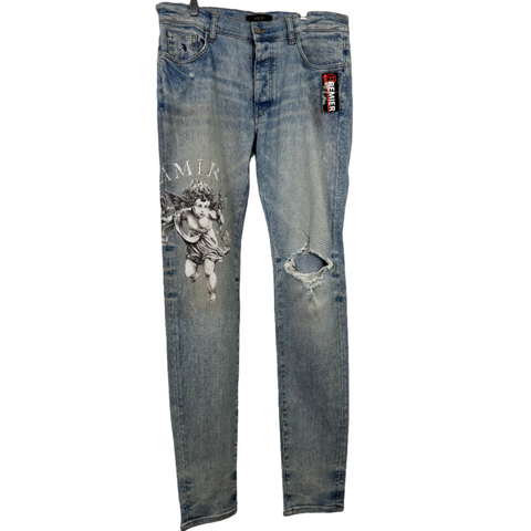 Amiri Cherub Printed Jeans 'Light Indigo' | US M (34")
