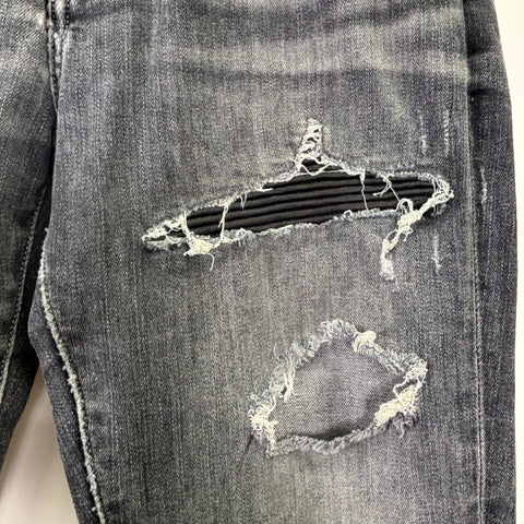 Amiri MX1 Black Leather Patch Jeans 'Faded Grey' | US M (33")