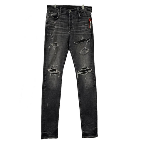 Amiri MX1 Black Leather Patch Jeans 'Faded Grey' | US M (33")