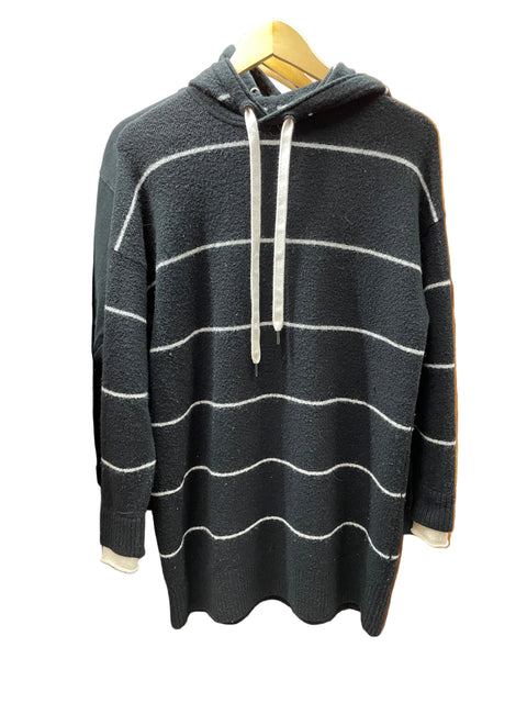 Alice + Olivia Riva Wool-Blend Long-Sleeve Hooded Tunic Sweater 'Black White Stripe' | US SM