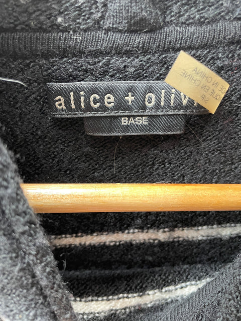 Alice + Olivia Riva Wool-Blend Long-Sleeve Hooded Tunic Sweater 'Black White Stripe' | US SM