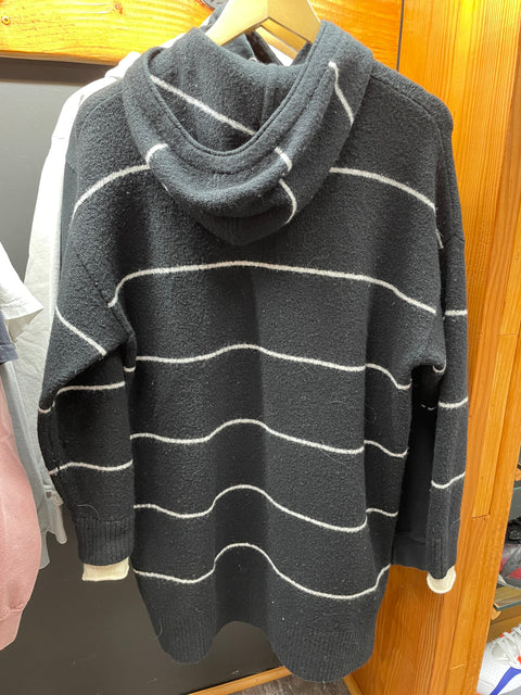 Alice + Olivia Riva Wool-Blend Long-Sleeve Hooded Tunic Sweater 'Black White Stripe' | US SM