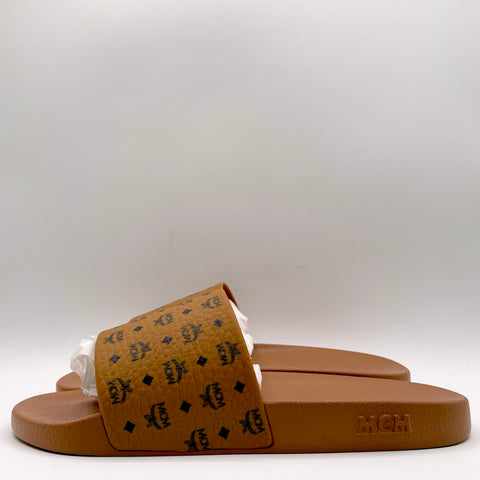 MCM Monogram Print Rubber Slides 'Tan' | EU M 45 / US M 12