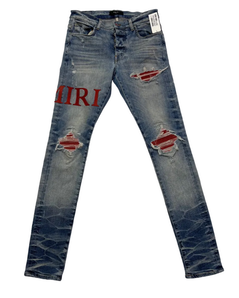 Amiri MX1 Jeans with Red Suede Amiri Spell 'Light Indigo' | US M (32")
