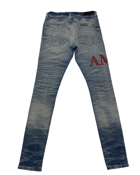 Amiri MX1 Jeans with Red Suede Amiri Spell 'Light Indigo' | US M (32")