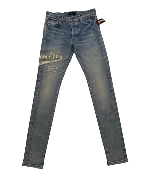 Amiri Varsity Logo Patched Jeans 'Clay Indigo' | US M (30")
