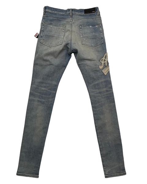 Amiri Varsity Logo Patched Jeans 'Clay Indigo' | US M (30")