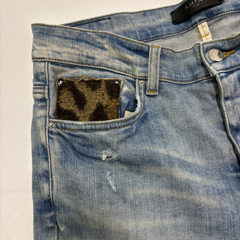 Amiri Distressed Art Patchwork Jeans 'Clay Blue' | US M (30")