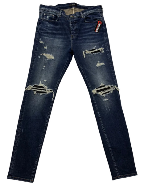 Amiri MX1 Destroy with Black Leather Patched Knee 'Dark Indigo' | US M (40")