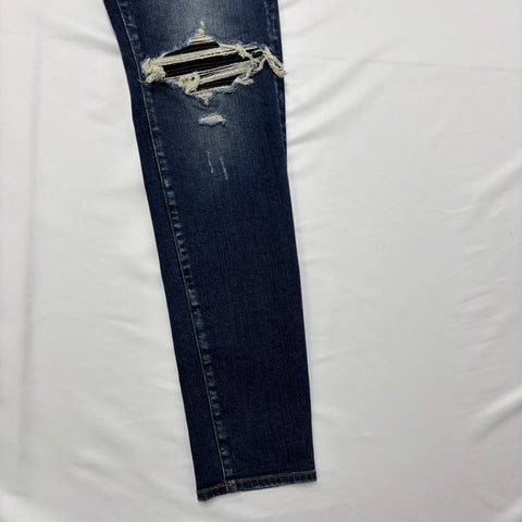 Amiri MX1 Destroy with Black Leather Patched Knee 'Dark Indigo' | US M (40")