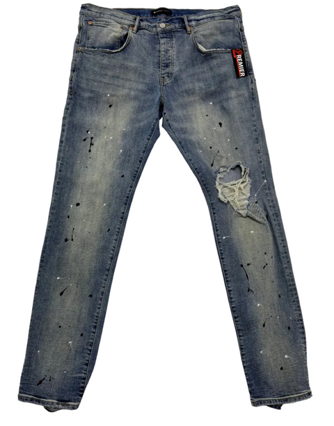 Purple Brand Destroy Paint Drop Jeans 'Mid Indigo' | US M (38")