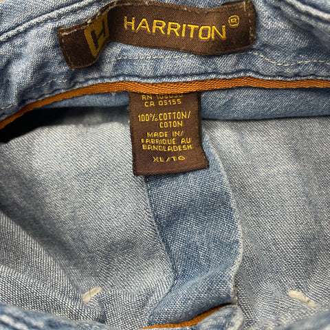 Vintage Harriton 100% Cotton Denim Button-Down Collar Short Sleeve Top | XL