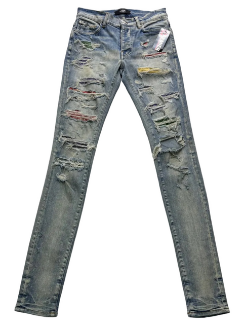 Amiri Multicolor Bandana Patch Distressed Jeans 'Light Indigo' | US M (28")